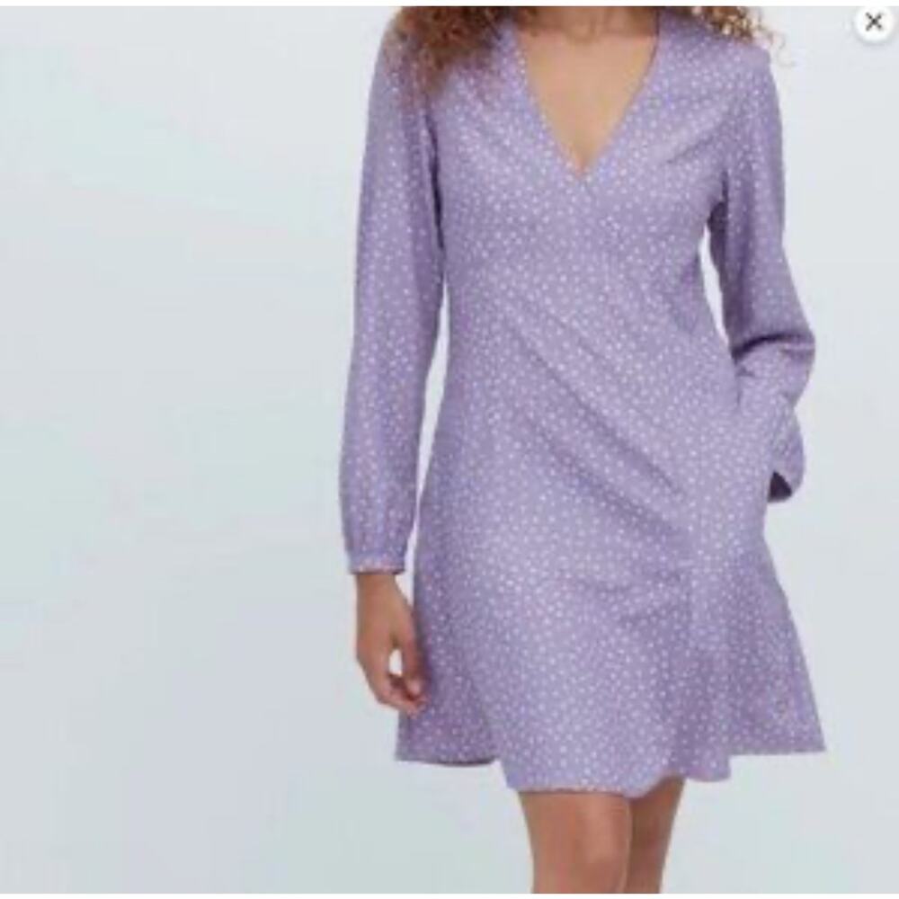 Uniqlo‎ Purple White Dots Printed V-Neck Long Sleeve Mini Dress Small Fit  Flare